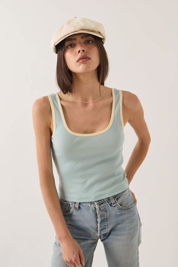 Women's Ringer Organic A-Tank in the color Sea Grass/Waxed Paper - Additional Fit image