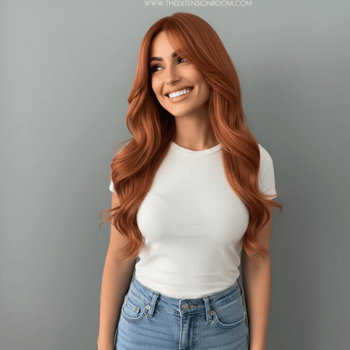 Woman smiling with long red auburn loose curls wig and casual outfit, showcasing the Loose Curls Wig style.