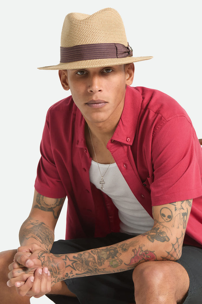Unisex Roma Straw Packable Fedora in the color Multi Brown/Chocolate - Men's Front View