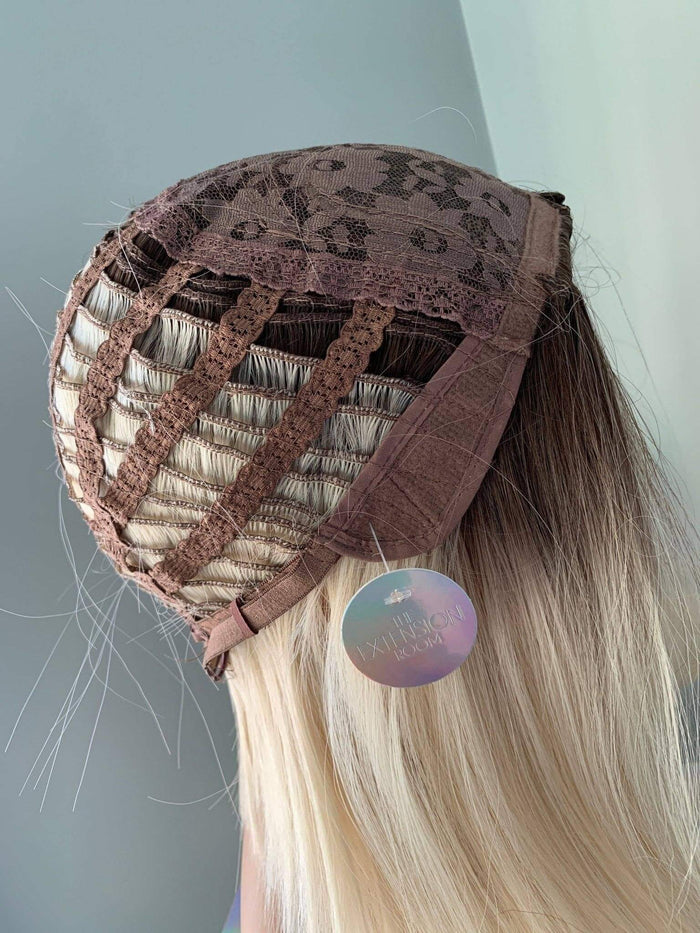 Wig cap construction showing intricate wefts and lace detailing for the Sadie Short Blonde Rooted Wig.