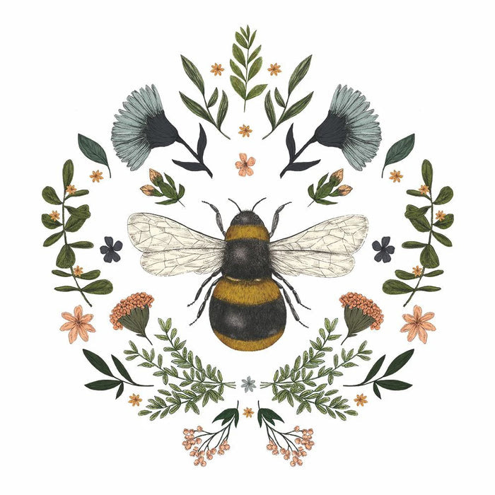 SECRET BEE BEVERAGE NAPKINS by PAPER PRODUCTS DESIGN feature a bee with outstretched wings, encircled by ornate flowers and greenery on a white background. Printed on premium 3-ply paper, made in Germany.