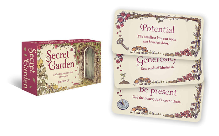 Secret Garden Oracle Card Deck with cards showing "Potential", "Generosity", and "Be present" messages