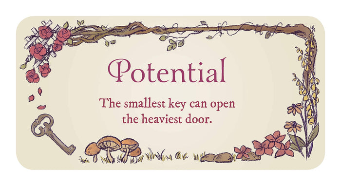 Illustration with the word 'Potential' and a quote about unlocking opportunities surrounded by flowers and mushrooms.