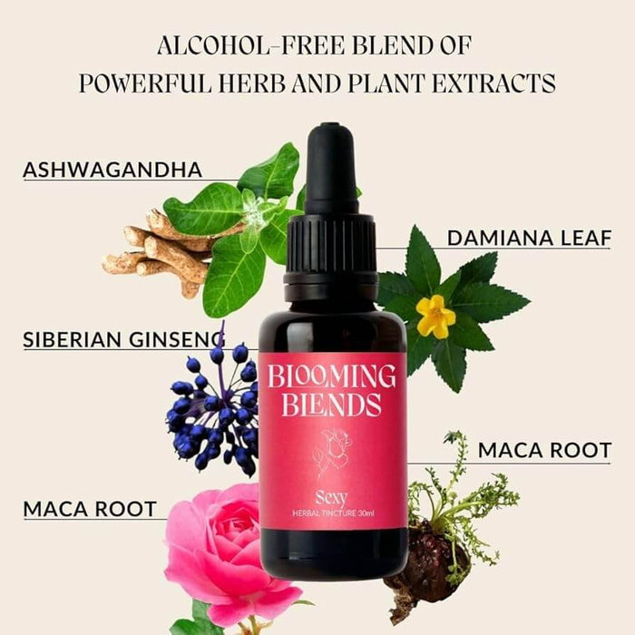 Alcohol-free herbal tincture from Blooming Blends with ashwagandha, damiana leaf, Siberian ginseng, and maca root.