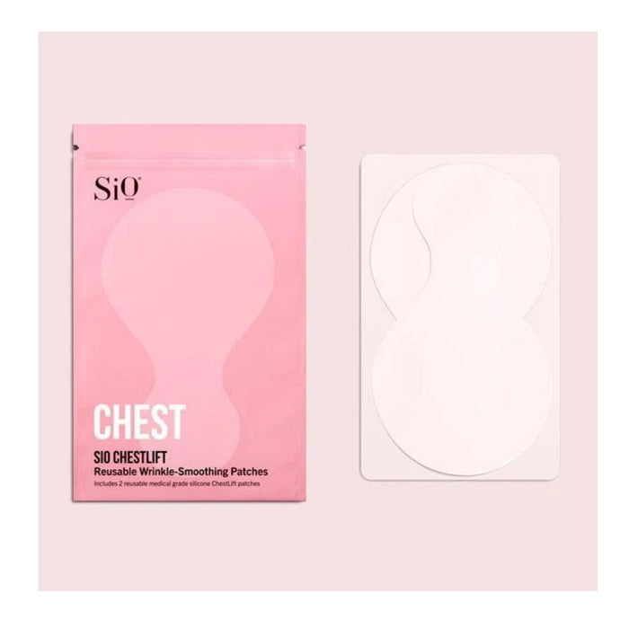 A pink SIO CHESTLIFT box from SIO BEAUTY sits beside a clear sheet holding two reusable, medical-grade silicone patches shaped to treat chest wrinkles.