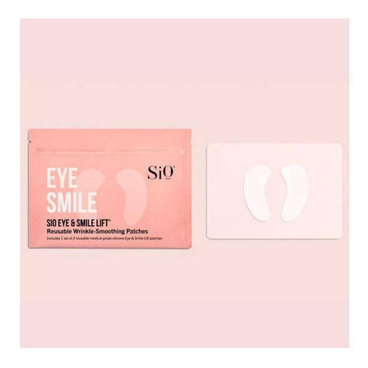 A pink package labeled "SIO EYE AND SMILE" from SIO BEAUTY sits beside a card showing two white, crescent-shaped medical grade silicone patches on a pale pink background.