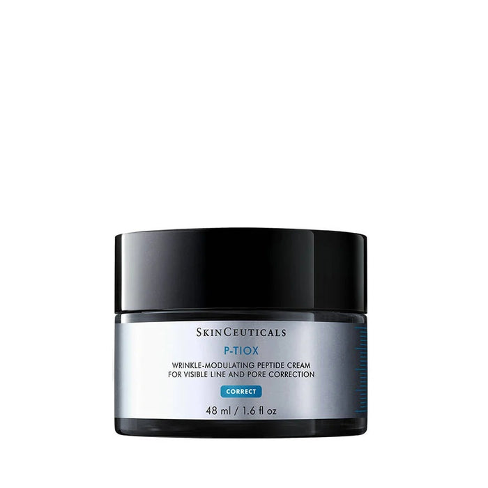 A 48ml black jar of SKIN CEUTICALS P-TIOX CREAM, a wrinkle-modulating peptide moisturizer for visible line and pore correction, is shown against a white background—ideal for achieving glass skin.