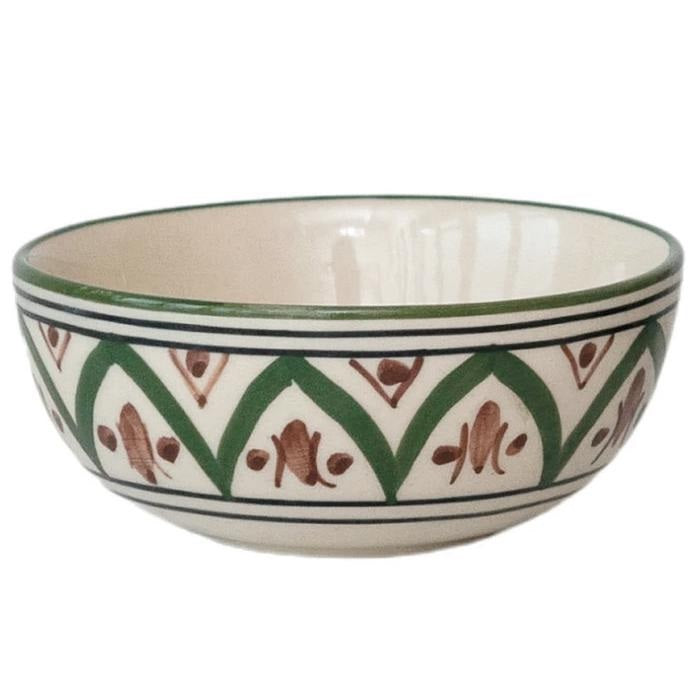 The SMALL HAND-PAINTED STONEWARE BOWL by CREATIVE COOP features a cream base hand-painted with green arches and brown floral patterns. Two green lines accent the rim, while a slightly glossy finish adds to its charm. Both microwave safe and artistically designed, this bowl blends everyday functionality with handcrafted appeal.