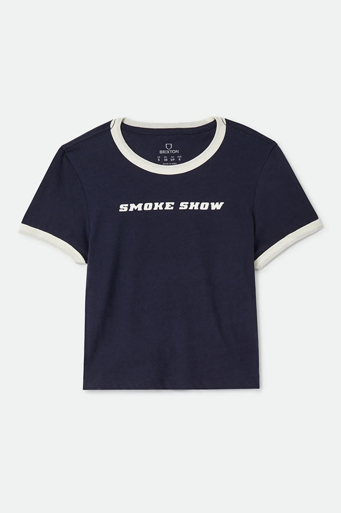Women's Smoke Show Baby T-Shirt in the color Washed Navy/Whitecap - Front Product View