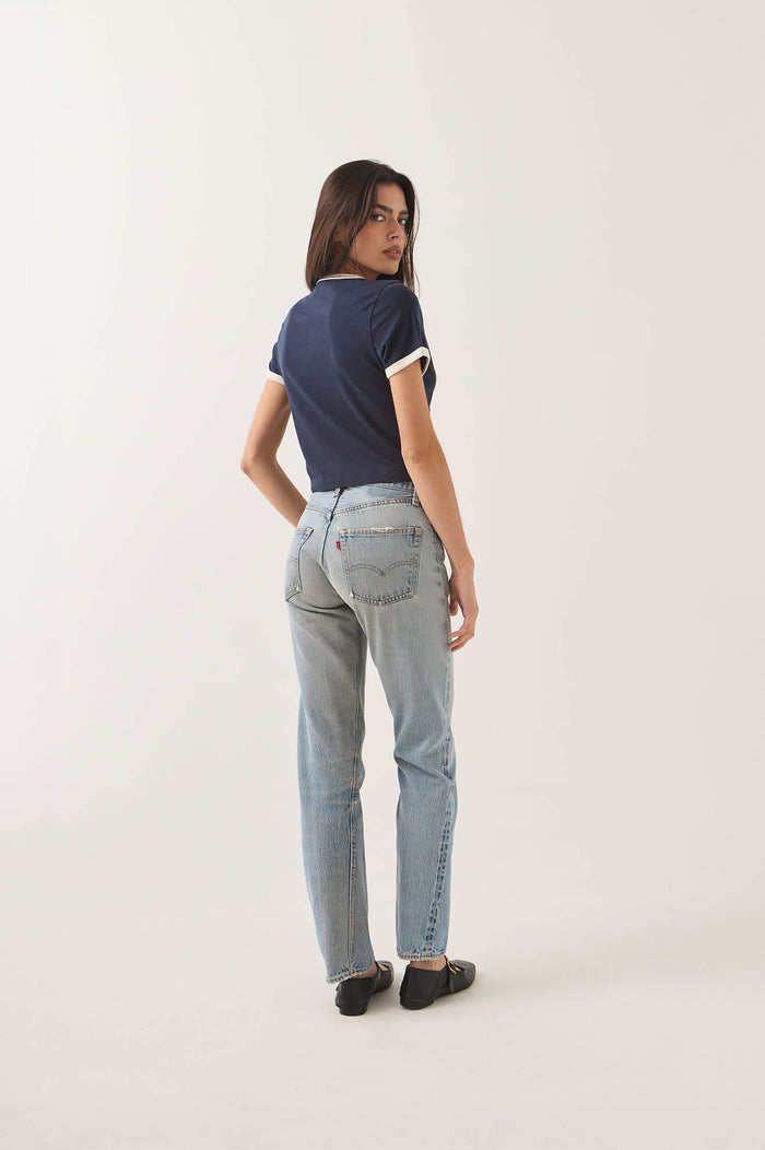 Women's Smoke Show Baby T-Shirt in the color Washed Navy/Whitecap - Women's Back View