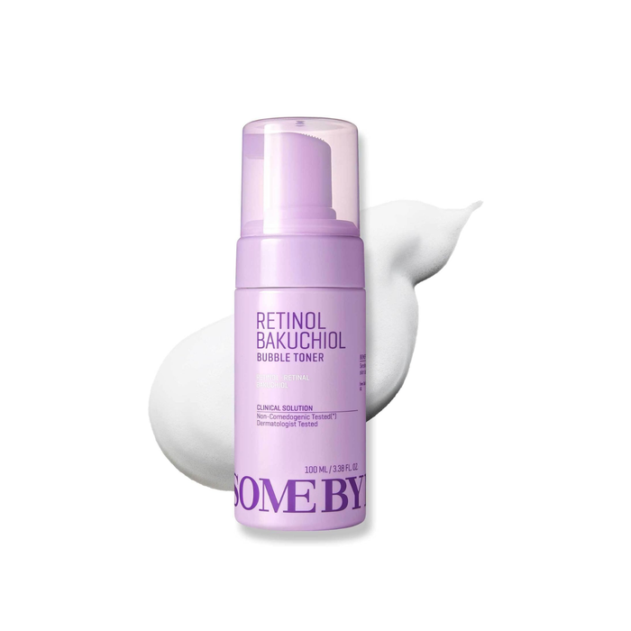 SOME BY MI Retinol Bakuchiol Bubble Toner is a functional first-step toner designed to smooth texture and refine pores with gentle microbubbles. Formulated with Retinol, Retinal, and Bakuchiol, it helps improve the appearance of fine lines and uneven skin while supporting firmer-looking skin. Niacinamide brightens dull tone, while Beta-Glucan, Hyaluronic Acid, and soothing botanical extracts help maintain hydration and comfort. The lightweight bubble texture absorbs easily, leaving skin refreshe