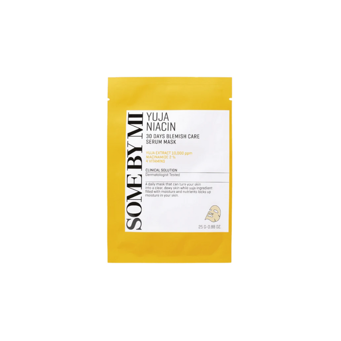 SOME BY MI Yuja Niacin Blemish Care Serum Mask is a brightening and hydrating sheet mask infused with 2% Niacinamide and 10,000 ppm of Yuja (Citrus Junos) Fruit Extract to target dark spots and uneven skin tone. This mask helps improve the complexion, reduce blemishes, and boost radiance. Enriched with Hyaluronic Acid for deep hydration and Allantoin to soothe the skin, it leaves your skin feeling refreshed and revitalized. The addition of Panthenol and botanical extracts further nourishes and c