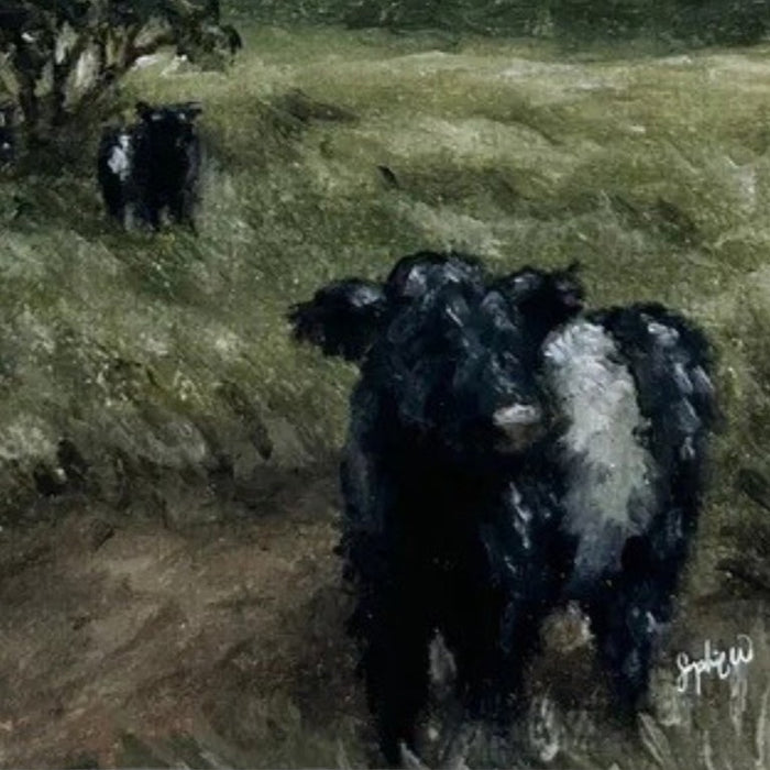 Featuring a picturesque rural scene, the SOPHIE WYATT STUDIO - BELTIES ART PRINT, 12X16 depicts cows standing near bushes in a grassy field with green trees and a cloudy sky in the background. This captivating wall art from SOPHIE WYATT STUDIO highlights the distinctive charm of Belted Galloway cows, making it an eye-catching addition to your home decor.