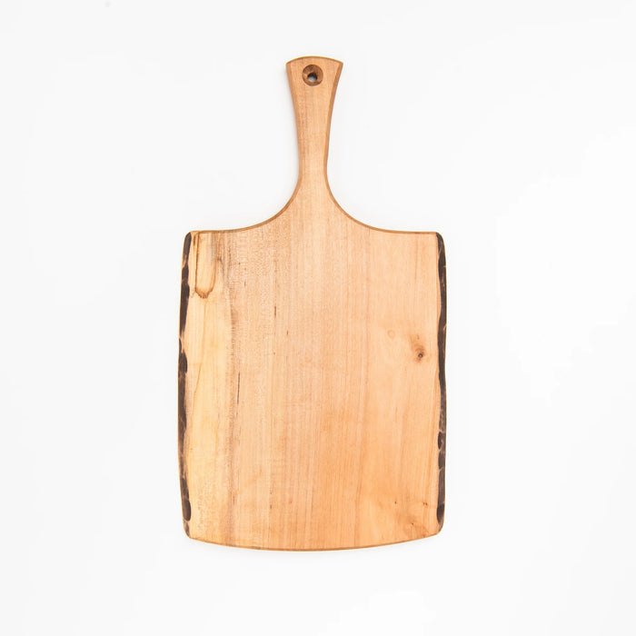 A 15-inch SPENCER PETERMAN Live Edge Spalted Ambrosia Maple Serving Board by Petermans Boards & Bowls Inc., featuring a unique live edge and handle, handcrafted in Massachusetts and photographed against a white background.