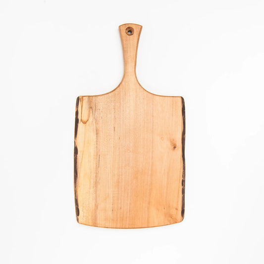 A 15-inch SPENCER PETERMAN Live Edge Spalted Ambrosia Maple Serving Board by Petermans Boards & Bowls Inc., featuring a unique live edge and handle, handcrafted in Massachusetts and photographed against a white background.