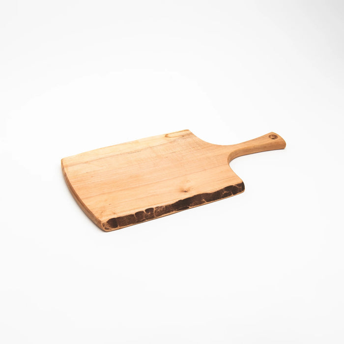 A 15-inch SPENCER PETERMAN Live Edge Spalted Ambrosia Maple Serving Board by Petermans Boards & Bowls Inc., featuring a unique live edge and handle, handcrafted in Massachusetts and photographed against a white background.