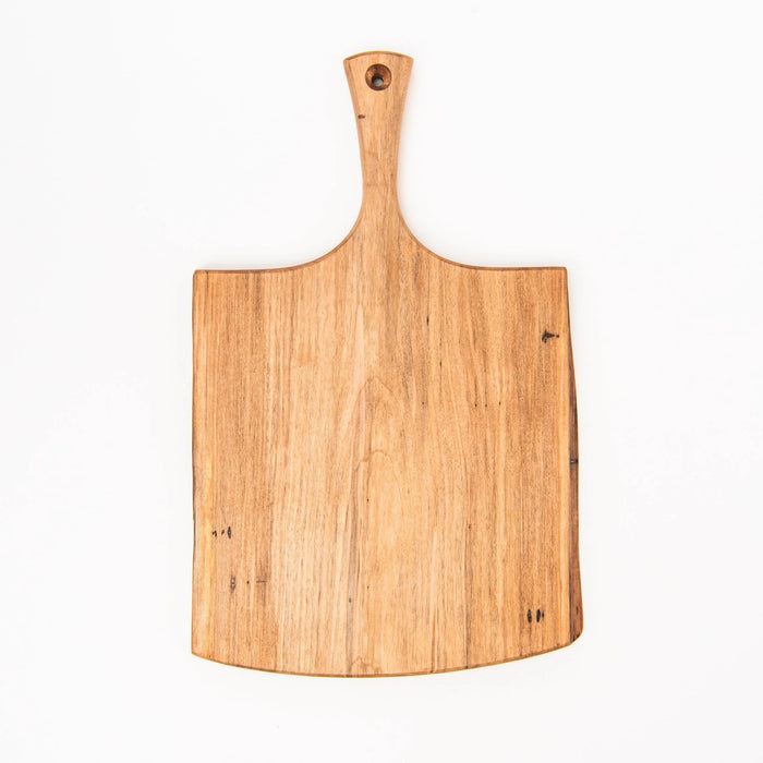 The SPENCER PETERMAN Live Edge Spalted Ambrosia Maple Serving Board 21" by Petermans Boards & Bowls Inc is a rectangular, handcrafted serving board with a handle and a hole for hanging, displayed on a white background.