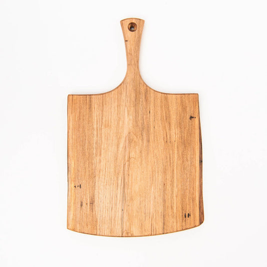 The SPENCER PETERMAN Live Edge Spalted Ambrosia Maple Serving Board 21" by Petermans Boards & Bowls Inc is a rectangular, handcrafted serving board with a handle and a hole for hanging, displayed on a white background.