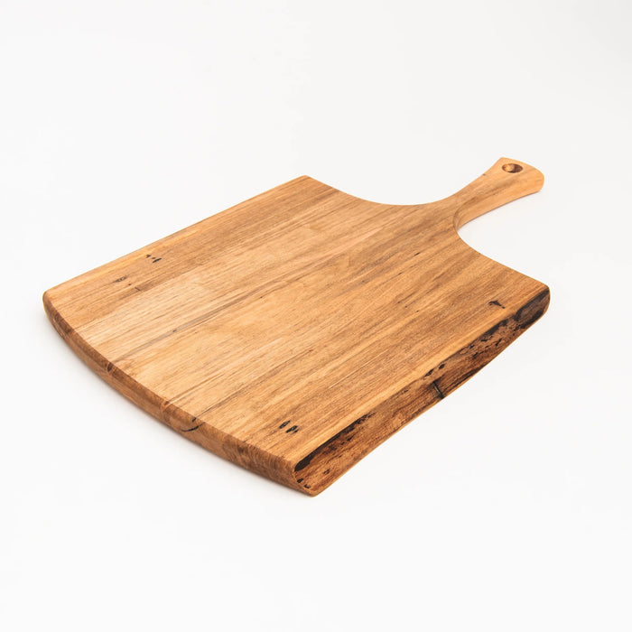 The SPENCER PETERMAN Live Edge Spalted Ambrosia Maple Serving Board 21" by Petermans Boards & Bowls Inc is a rectangular, handcrafted serving board with a handle and a hole for hanging, displayed on a white background.