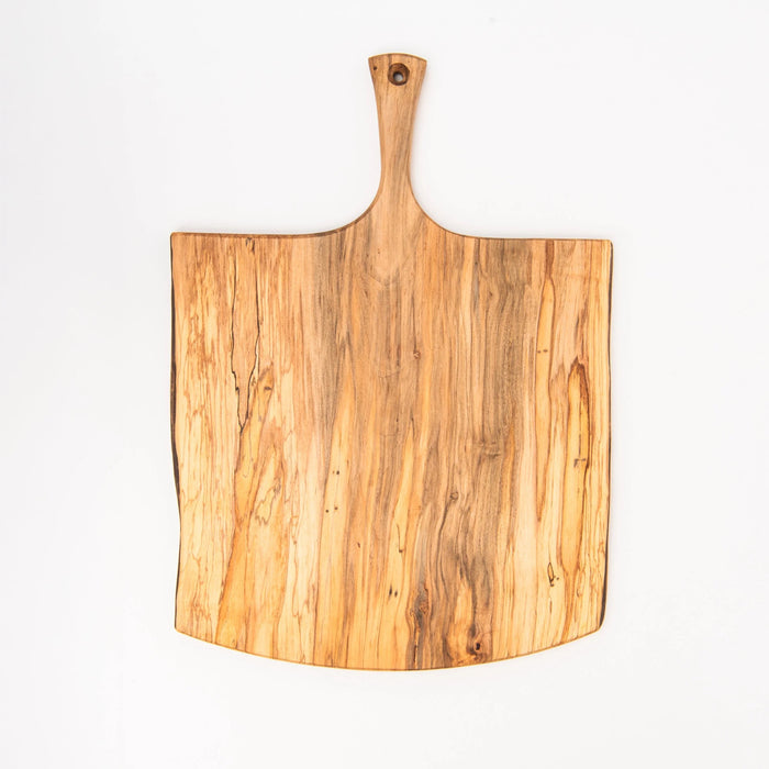 The SPENCER PETERMAN Live Edge Spalted Ambrosia Maple Serving Board 21" by Petermans Boards & Bowls Inc is a rectangular, handcrafted serving board with a handle and a hole for hanging, displayed on a white background.