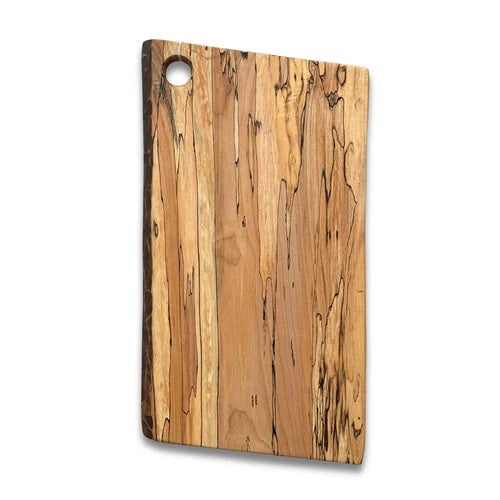 Handcrafted by PETERMANS BOARDS & BOWLS INC, the SPENCER PETERMAN - NATURAL EDGE SPALTED MAPLE RECTANGULAR BOARD 15" features a beautiful natural spalted maple grain, slightly angled sides, and a convenient small hole in the top right corner for hanging. Its dark rustic edges highlight the wood's unique character, making it an elegant choice for serving charcuterie or as a decorative cutting board.
