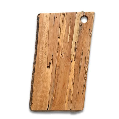 Handcrafted by PETERMANS BOARDS & BOWLS INC, the SPENCER PETERMAN - NATURAL EDGE SPALTED MAPLE RECTANGULAR BOARD 15" features a beautiful natural spalted maple grain, slightly angled sides, and a convenient small hole in the top right corner for hanging. Its dark rustic edges highlight the wood's unique character, making it an elegant choice for serving charcuterie or as a decorative cutting board.