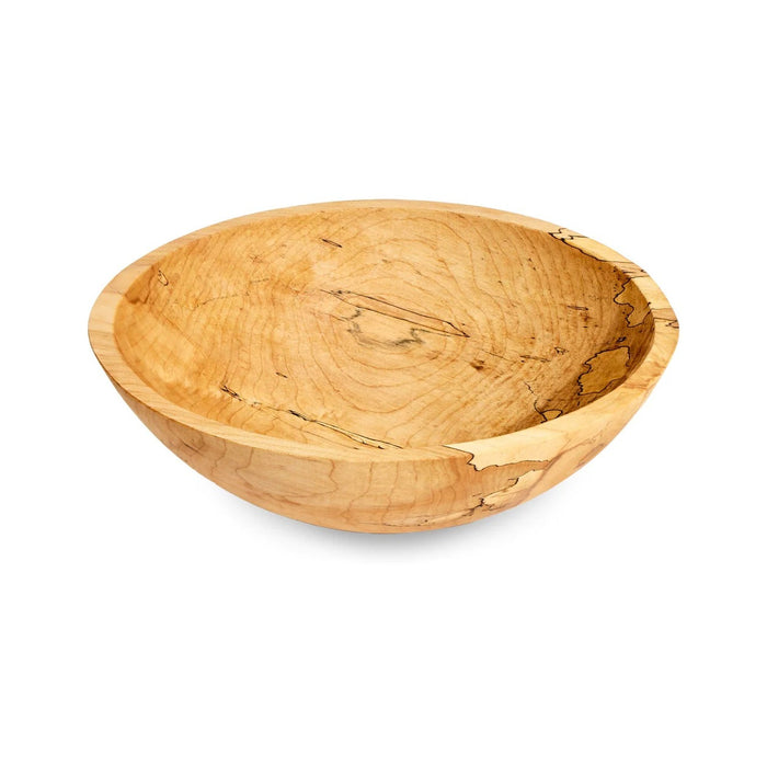 A handcrafted SPENCER PETERMAN - SPALTED MAPLE BOWL 13" by PETERMANS BOARDS & BOWLS INC, featuring a round shape with a light, natural finish and striking spalted maple grain patterns, displayed on a white background.