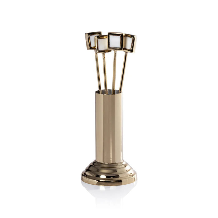 The ZODAX SPIGA Set of 4 Cocktail Picks with Stand features a shiny gold-tone holder and slender picks, each topped with a square mother of pearl accent—an elegant addition to your home bar accessories collection.