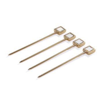 The ZODAX SPIGA Set of 4 Cocktail Picks with Stand features a shiny gold-tone holder and slender picks, each topped with a square mother of pearl accent—an elegant addition to your home bar accessories collection.