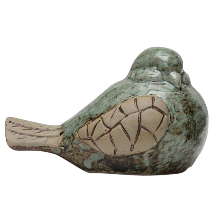 The CREATIVE COOP STONEWARE BIRD set features two stoneware bird figurines with pale green bodies, beige wings and tails, finished with a subtle reactive glaze—a charming accent for any space.