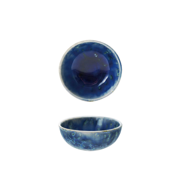 The CREATIVE COOP STONEWARE DISH IN BLUE REACTIVE CRACKLE GLAZE features two glossy, crackle-glazed bowls—one upright, one inverted—against a white backdrop; perfect as a rustic jewelry holder or serving piece.