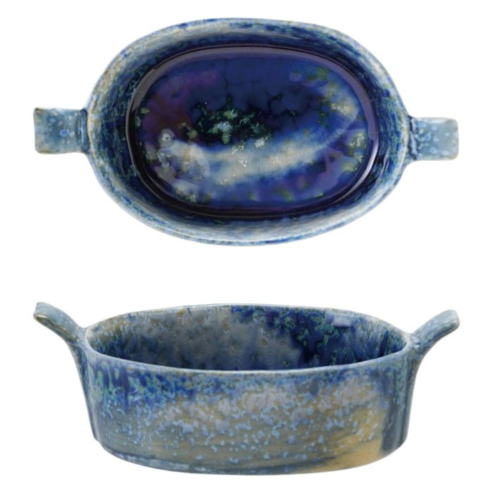 The CREATIVE COOP Stoneware Mini Baker features two side handles and a blue reactive crackle glaze, finished with unique speckled patterns.