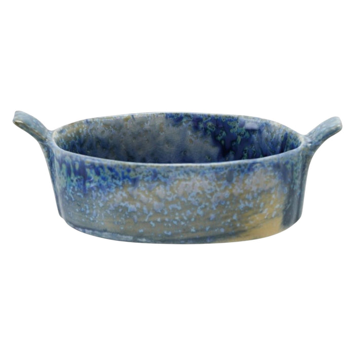 The CREATIVE COOP Stoneware Mini Baker features two side handles and a blue reactive crackle glaze, finished with unique speckled patterns.
