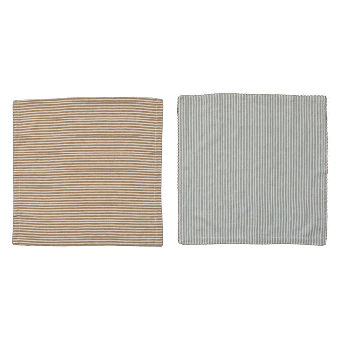 The CREATIVE COOP STRIPED COTTON NAPKIN WITH SCALLOP TRIM comes in aqua or mustard. Each 18" reusable napkin adds a stylish touch to your table linens collection.