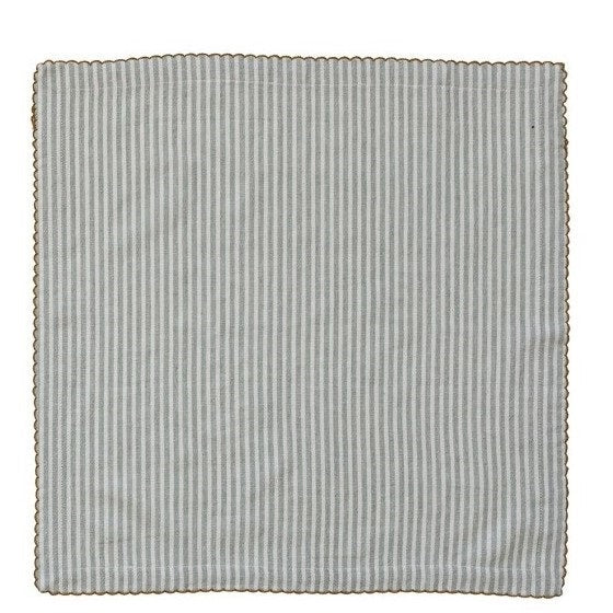 The CREATIVE COOP STRIPED COTTON NAPKIN WITH SCALLOP TRIM comes in aqua or mustard. Each 18" reusable napkin adds a stylish touch to your table linens collection.