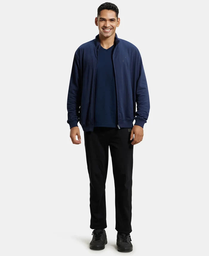 Super Combed Cotton French Terry Jacket with Ribbed Cuffs - Navy-4
