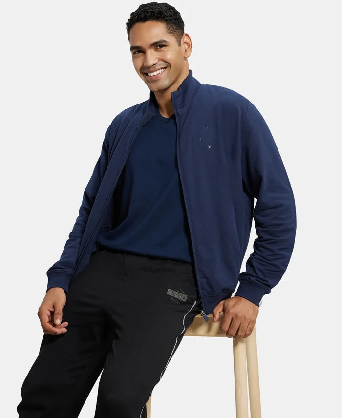 Super Combed Cotton French Terry Jacket with Ribbed Cuffs - Navy-6