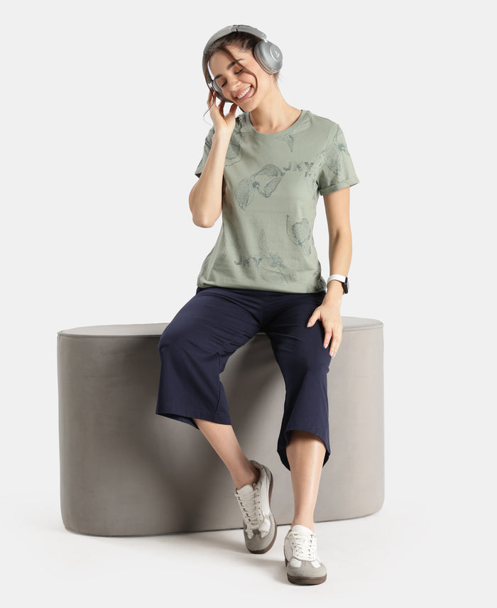 Super Combed Cotton Relaxed Fit Printed Half Sleeve T-Shirt - Lily Pad