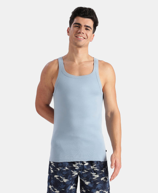 Super Combed Cotton Rib Square Neck Gym Vest - Faded Denim
