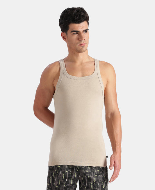Super Combed Cotton Rib Square Neck Gym Vest - Plaza Taupe