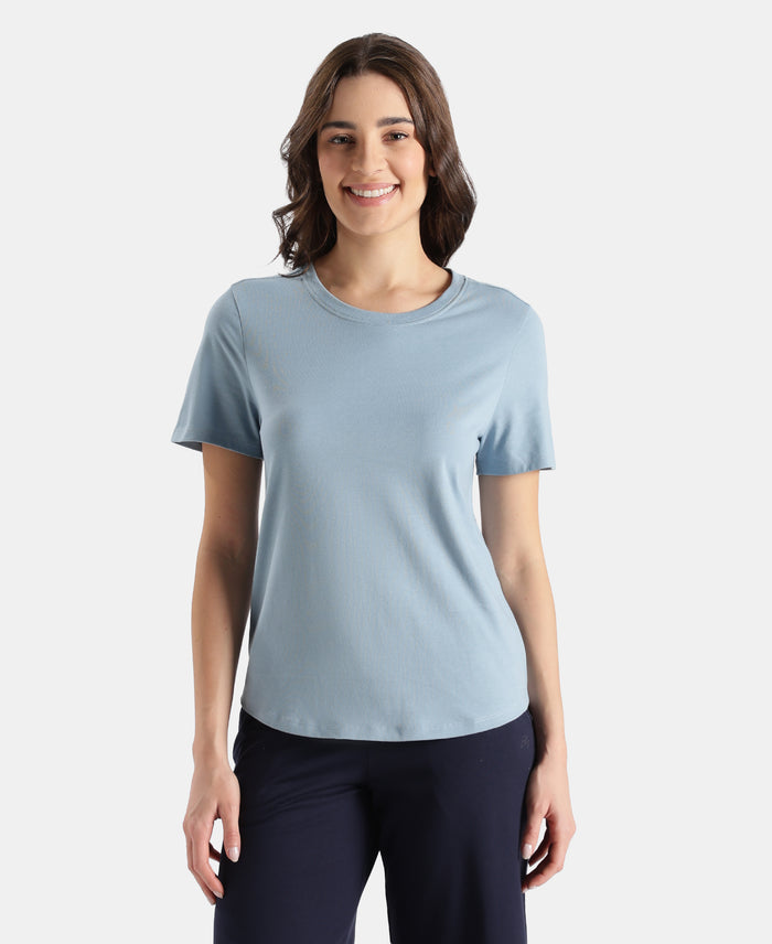 Super Combed Cotton Rich Relaxed Fit Solid Curved Hem Styled Half Sleeve T-Shirt - Mountain Spring