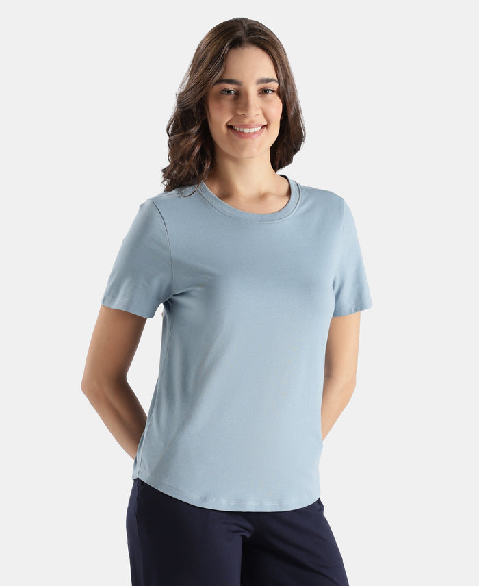Super Combed Cotton Rich Relaxed Fit Solid Curved Hem Styled Half Sleeve T-Shirt - Mountain Spring