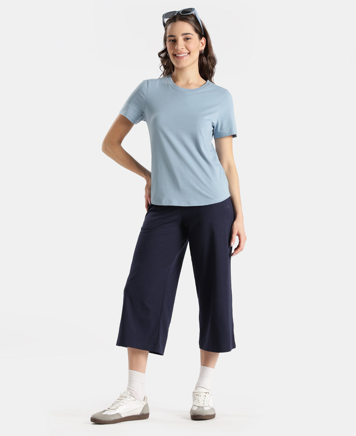 Super Combed Cotton Rich Relaxed Fit Solid Curved Hem Styled Half Sleeve T-Shirt - Mountain Spring