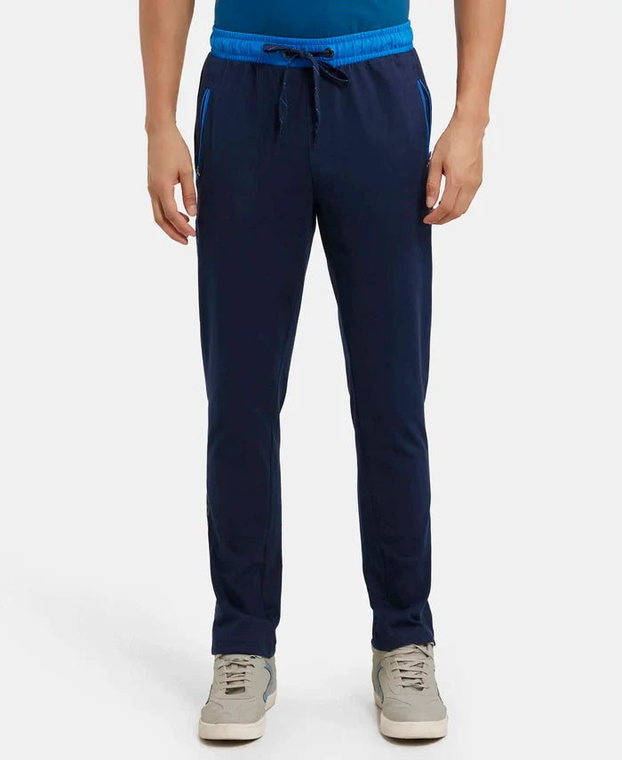 Super Combed Cotton Rich Slim Fit Trackpant with Side Zipper Pockets - Navy & Neon Blue-1