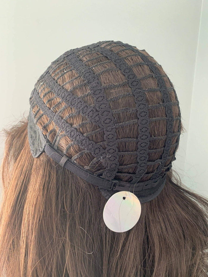 Brown Wig with Bangs cap showing the inner lace and hair wefts for Tasha Long Dark Chocolate Brown Wig.