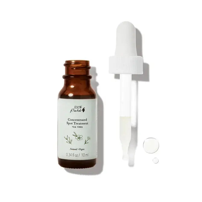 Tea Tree Concentrated Spot Treatment 10ml bottle with dropper for effective blemish healing and scar prevention.