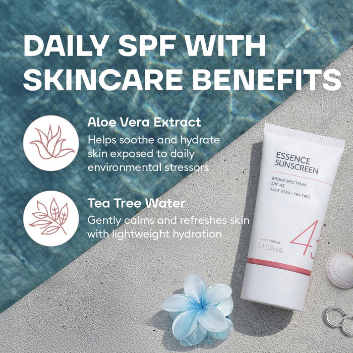 Sunscreen tube with aloe vera and tea tree water benefits on a beach setting