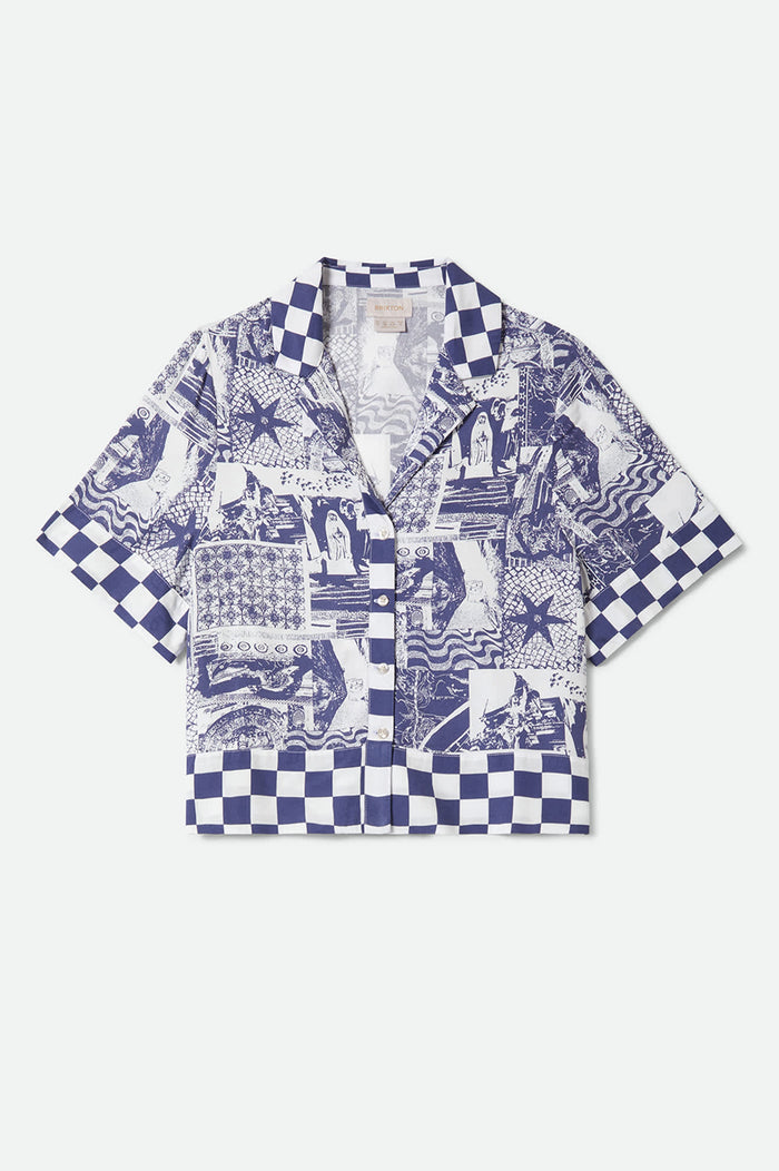 Women's The Omar Button Down Short Sleeve Shirt in the color Navy/White Collage - Front Product View