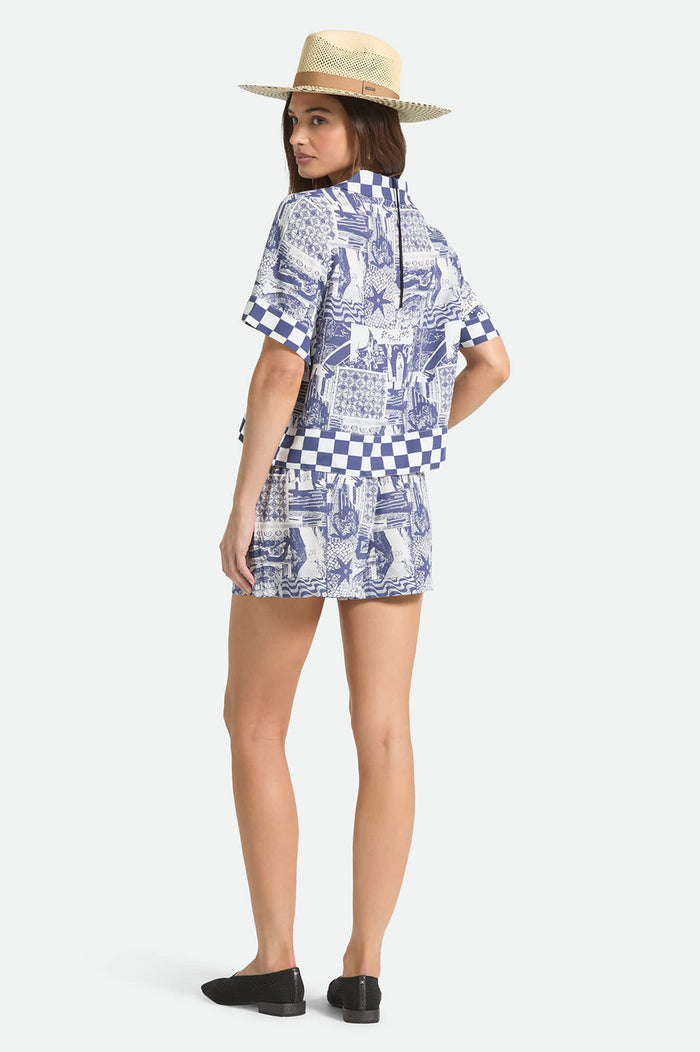 Women's The Omar Button Down Short Sleeve Shirt in the color Navy/White Collage - Women's Back View