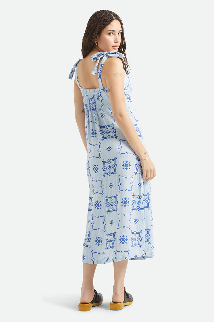 Women's The Tie Dress in the color Aura Blue Tile Print - Women's Back View